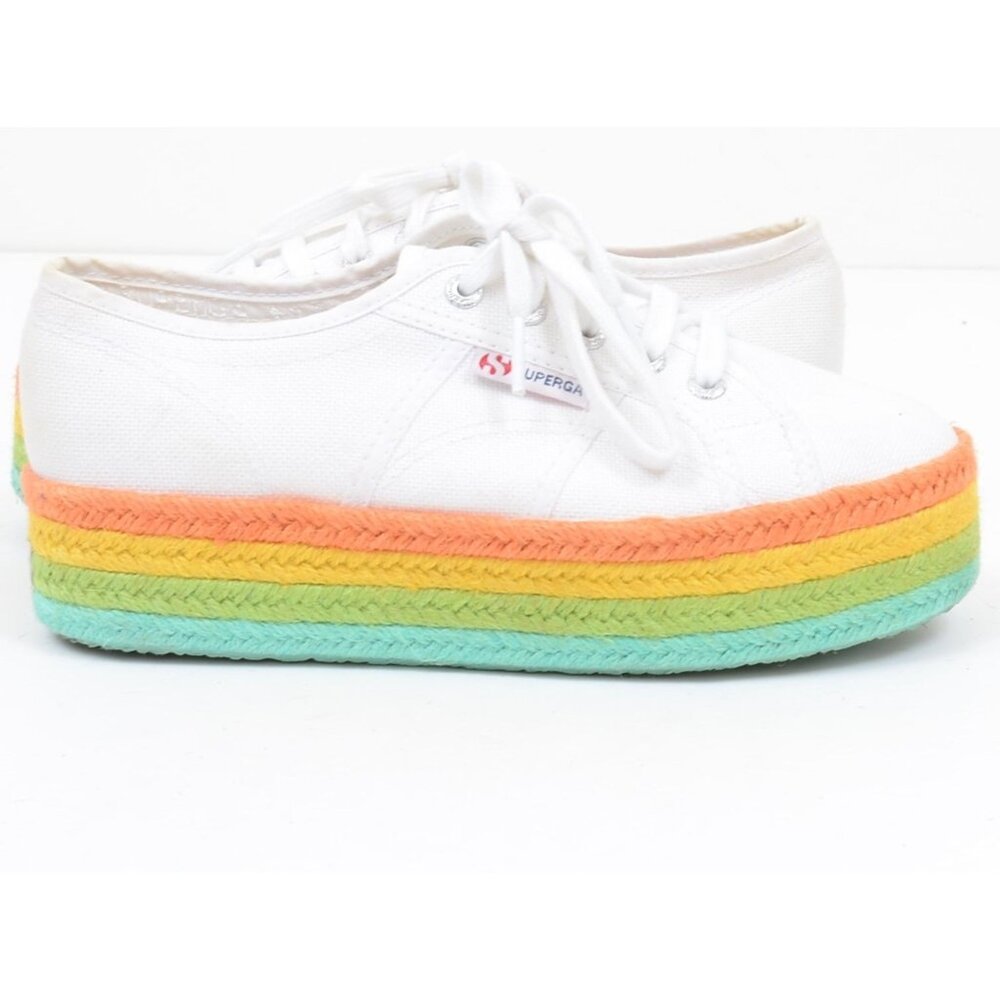 SUPERGA Rainbow White Cotton Espadrille Platform Sneakers Size 7.5 Vacay Resort